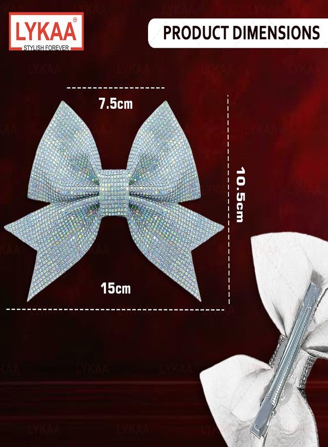 LYKAA Premium Luxury Full Crystal Hair Bow Clips Elegant Stone Work Hair Accessories for Women & Girls | Net Fabric Fancy Clips for Party, Wedding & Festive Looks Valentine Gift for her women | Hair Bow Barrette Clip | Handmade Bows | Alligators Bow Clips Fancy Hair Clips (Pack of 1) (WHITE) - Image 2