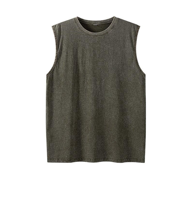 2025 New Style Washed Vest American Style Retro High Street Washed Old Couples Waistcoat Vest Pure Cotton Sleeveless T-shirt Coffee - Image 2