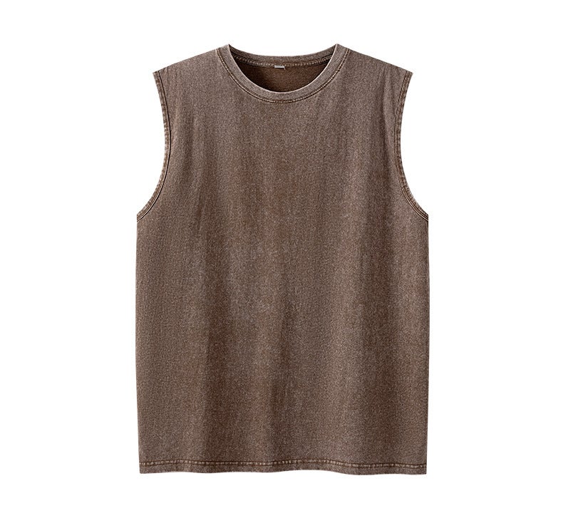 2025 New Style Washed Vest American Style Retro High Street Washed Old Couples Waistcoat Vest Pure Cotton Sleeveless T-shirt Coffee - Image 1