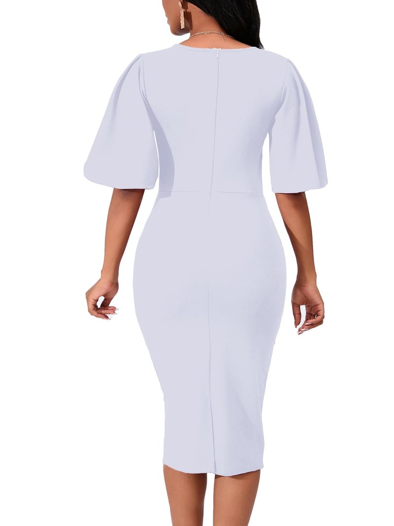 WanMem White Church Dress for Women Elegant Ruffle Short Sleeve Bodycon Knee Length Work Dress, White - Image 2