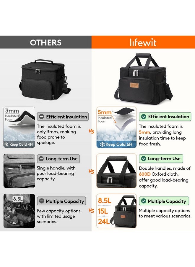 Lifewit حقيبة غداء كبيرة من لايف ويت، صندوق غداء معزول، برودة ناعمة، حقيبة تبريد للبالغين، للرجال والنساء، سوداء 12 علبة (8.5 لتر) - Image 3