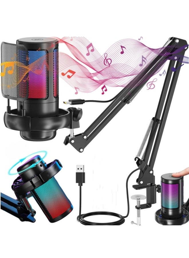 Gaming PC USB Microphone, Podcasting Condenser Microphone with Boom Arm, Pop Filter, Mute Button for Streaming Online Chat, Computer Microphone for PC Gamers  - Image 1