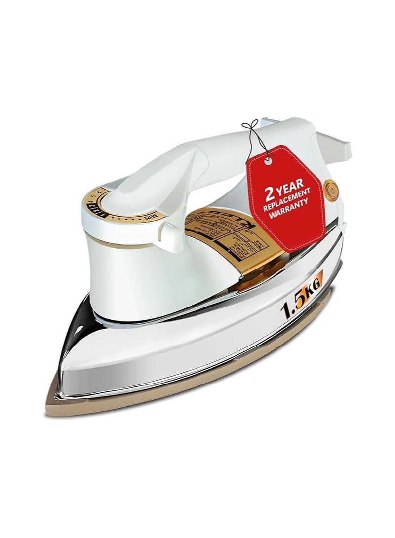 RICO Rico 1000W Heavy Weight Dry Iron Press With 2 Years Replacement Warranty | Japanese Quick Heat Technology with Advance Sole Plate | Shock Proof (White 1.5KG) Iron Box for Clothes | Made In India - Image 1
