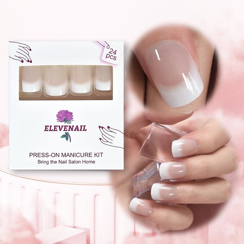 ELEVENAIL Daily Natural Nude white Press on French Nails Short Squoval Fake False Nails Tips Salon Manicure Reusable DIY Artificial Nails Art for Daily Office Home - Image 3