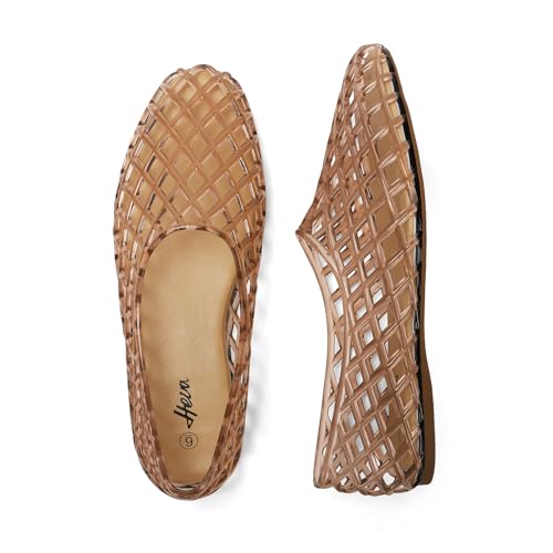 HEVA Women's Jelly Mesh Flats Breathable Clear Hollow Shoes Summer Beach Jellies Ballet Sandals(9 M US Beige) - Image 5