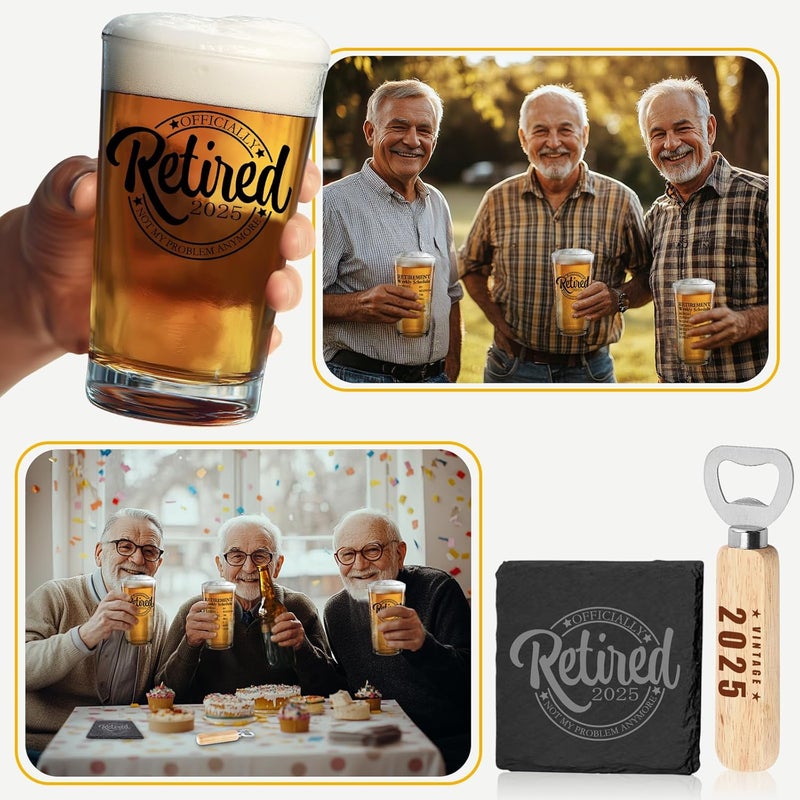 SIPBYSOP Retirement Gifts for Men 2025 - Beer Glass With Stone Coasters, Bottle Opener - Funny Unique Gift for Dad, Grandpa, Friends, Family - Image 3