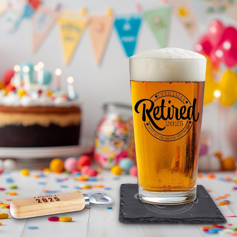 SIPBYSOP Retirement Gifts for Men 2025 - Beer Glass With Stone Coasters, Bottle Opener - Funny Unique Gift for Dad, Grandpa, Friends, Family - Image 2