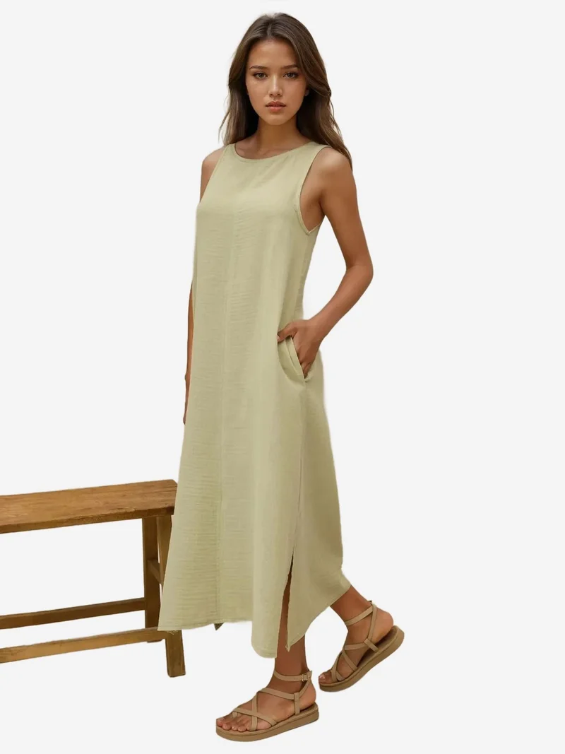 HICCUP Mint Green Textured Cotton Midi Beach Dress with Slit for Women | Best Price UAE