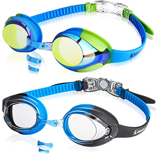 Keary 2 Pack Kids Swim Goggles Swimming Goggles for Toddler Children Girls Boy Youth, Anti-Fog Waterproof Anti-UV Flat Lens Clear Goggles Water Pool Glasses with 3 Nose Pieces, Boys Swimming Goggles - Image 1