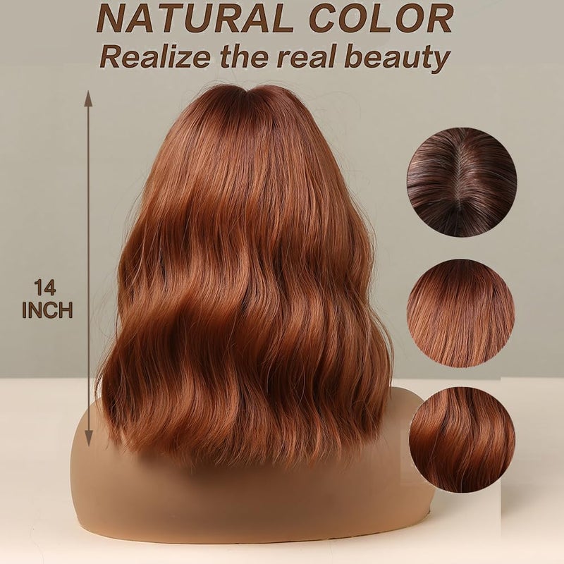 Esmee باروكة إسمى بطول 14 بوصة بلون بني محمر مع غرة للنساء، شعر صناعي طبيعي، باروكة أومبري بجذور داكنة، باروكات مموجة فضفاضة لملابس الكوسبلاي والحفلات اليومية - Image 4