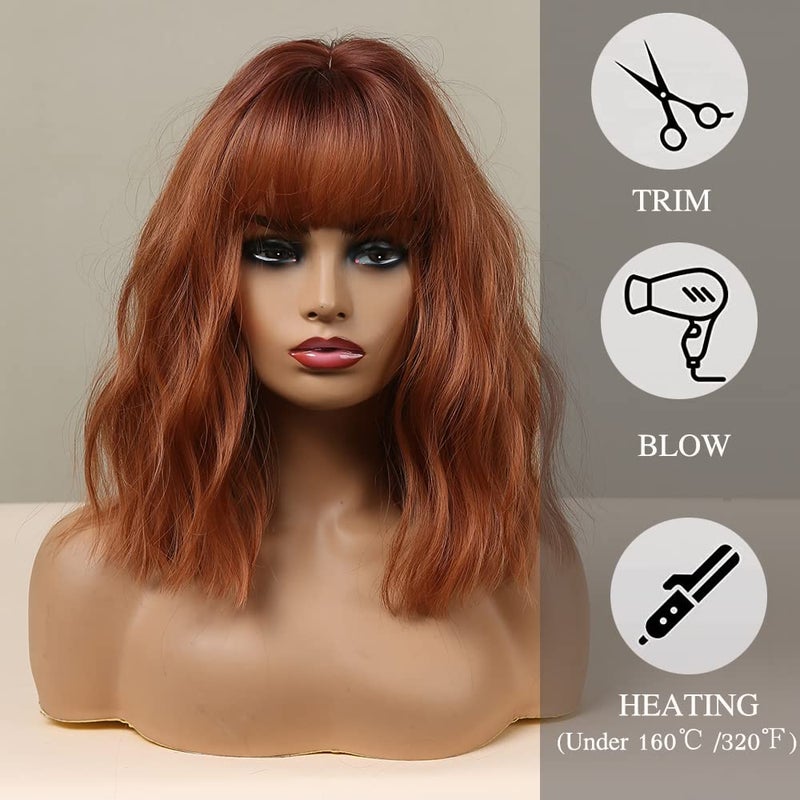 Esmee باروكة إسمى بطول 14 بوصة بلون بني محمر مع غرة للنساء، شعر صناعي طبيعي، باروكة أومبري بجذور داكنة، باروكات مموجة فضفاضة لملابس الكوسبلاي والحفلات اليومية - Image 5