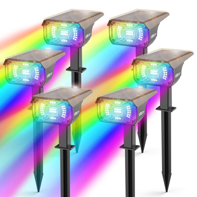 LEREKAM Color Solar Lights Outdoor Waterproof Spotlights with 9 Light Modes Color Changing Solar Outdoor Lights for Decorate Festivals Colored Solar Spot Lights Auto OnOff RGBW 6 Pack
