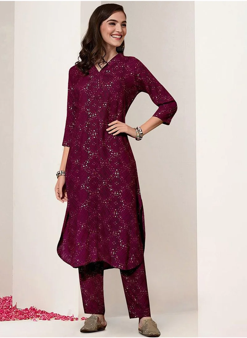 آي شين Women's Maroon Rayon Printed Tunic Full Length Palazzo Straight Fit Kurta Set