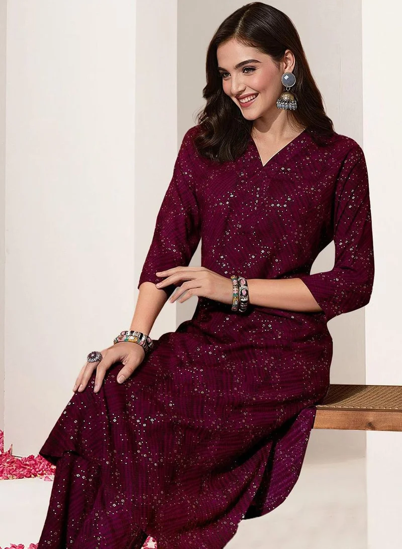 ISHIN Women's Maroon Rayon Printed Tunic Full Length Palazzo Straight Fit Kurta Set