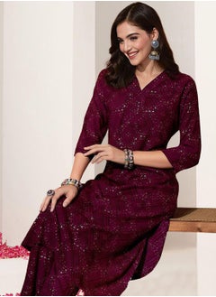 ISHIN Women's Maroon Rayon Printed Tunic Full Length Palazzo Straight Fit Kurta Set  - Image 3
