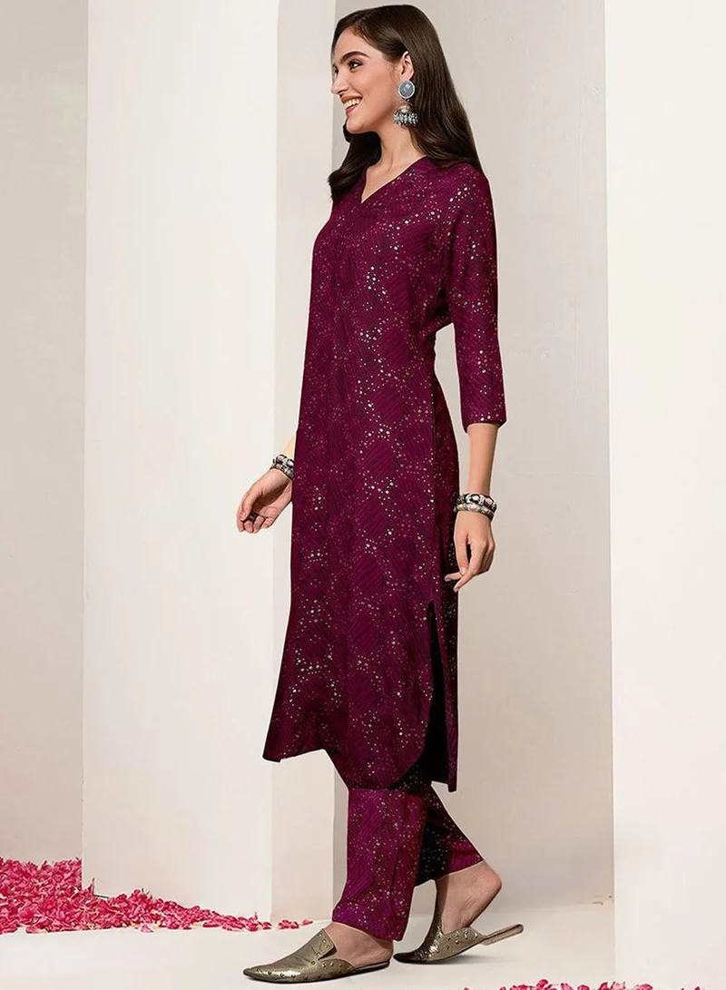 ISHIN Women's Maroon Rayon Printed Tunic Full Length Palazzo Straight Fit Kurta Set