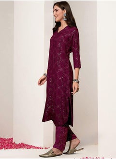 ISHIN Women's Maroon Rayon Printed Tunic Full Length Palazzo Straight Fit Kurta Set  - Image 5