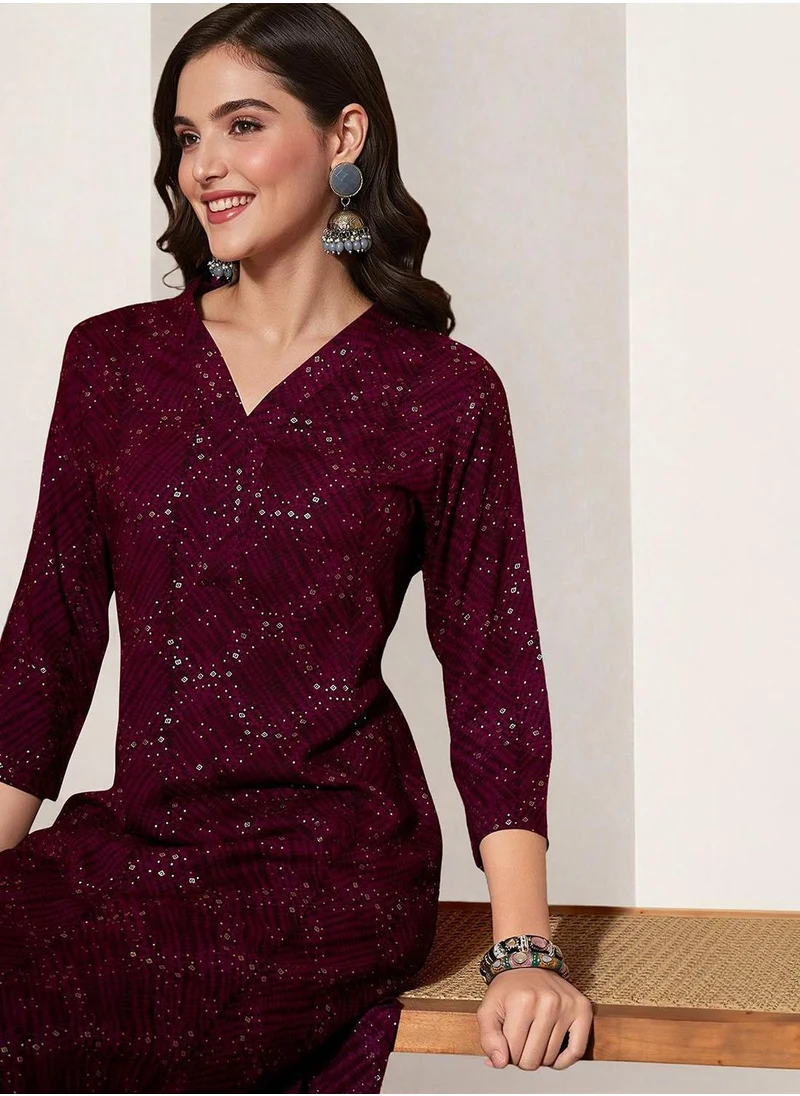 آي شين Women's Maroon Rayon Printed Tunic Full Length Palazzo Straight Fit Kurta Set
