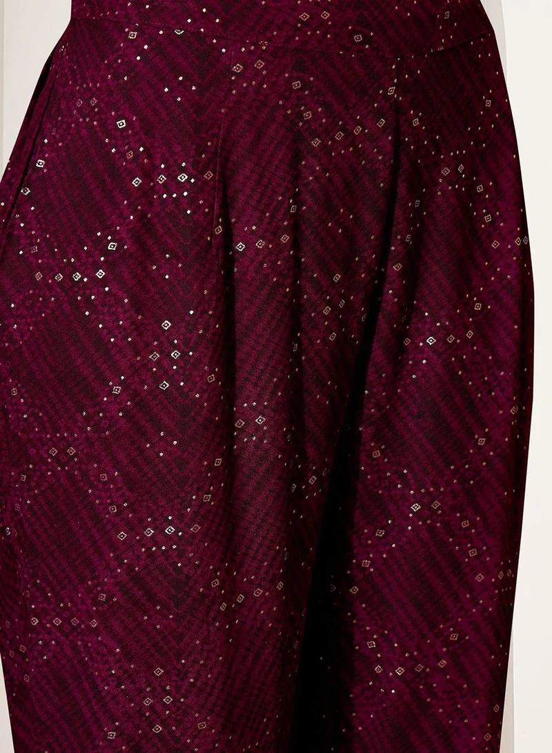 ISHIN Women's Maroon Rayon Printed Tunic Full Length Palazzo Straight Fit Kurta Set