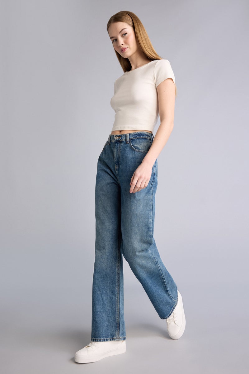 DeFacto Blue Woman Wide Leg High Waist Long Jeans Casual - Image 2