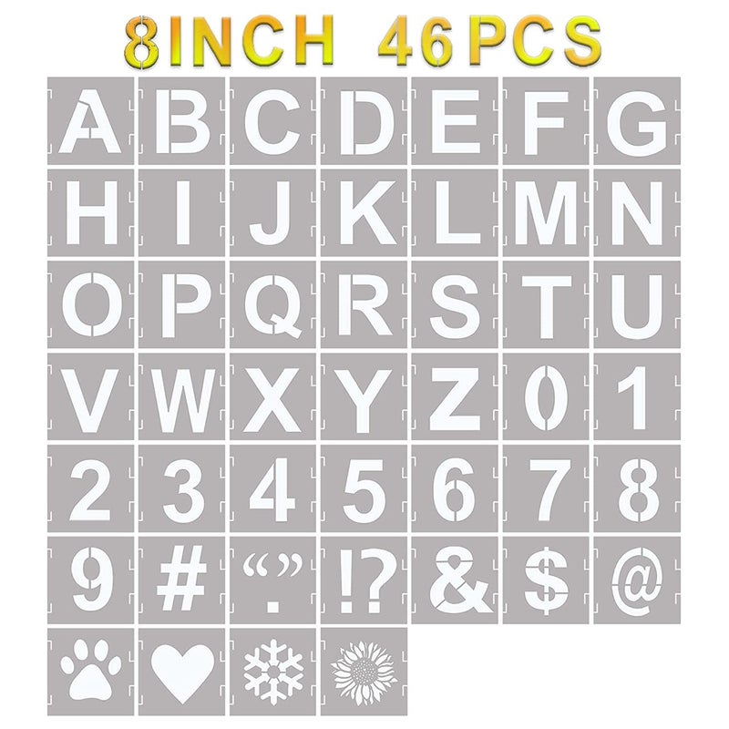 Dequera 46 Pcs Letter Stencils Symbol Numbers Craft Stencils Reusable Alphabet Templates Interlocking Stencil Kit for Painting on Wood Wall Fabric Rock Chalkboard Sign DIY Art Projects 8 Inch