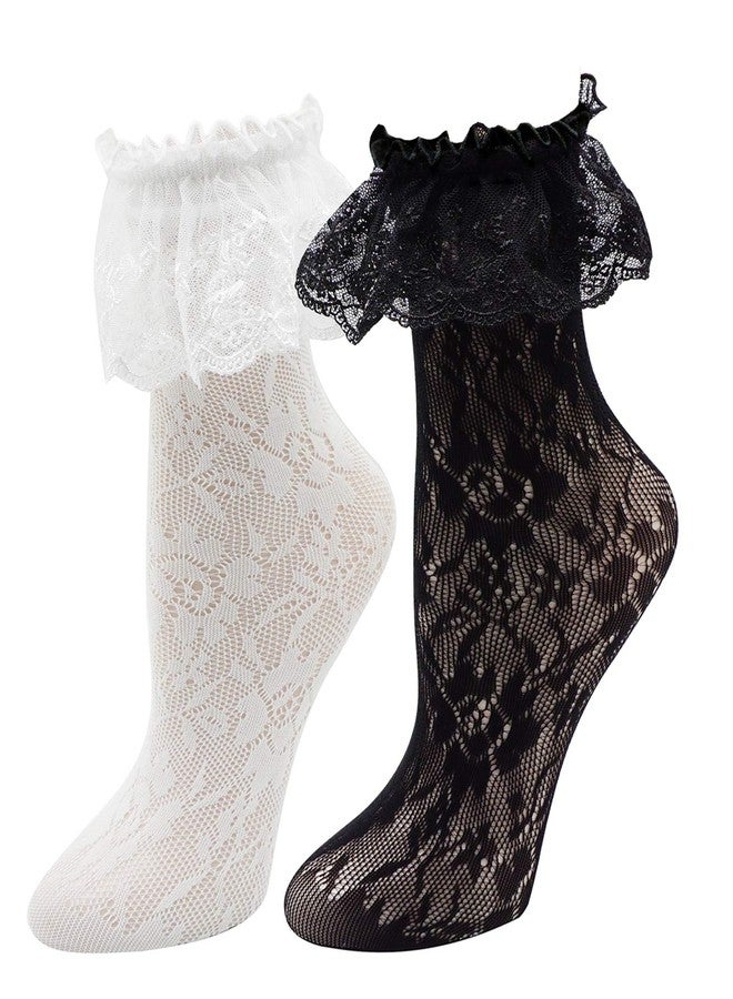 Lovful Women's Lace Anklet Sock with Ruffle, 2 Pairs Set,BlackWhite - Image 1
