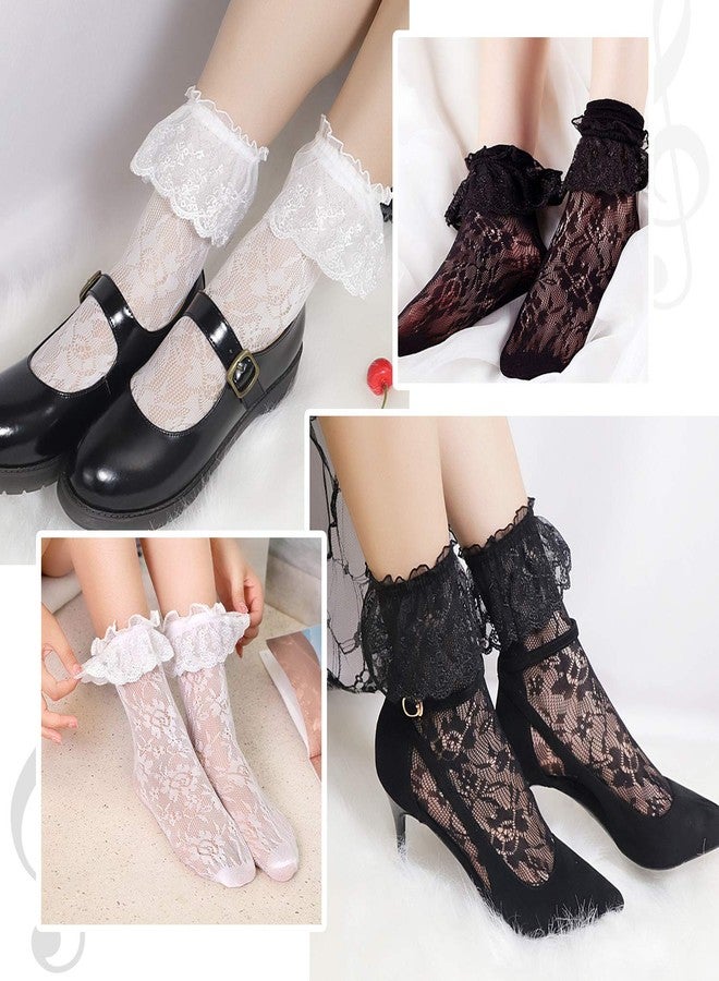 Lovful Women's Lace Anklet Sock with Ruffle, 2 Pairs Set,BlackWhite - Image 5