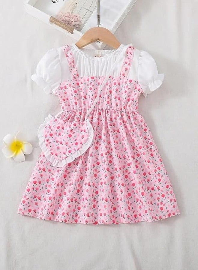MENSBIT Floral Printed Short Sleeve Cotton Baby Frock with Purse (in, Age, 3 Years, 4 Years, Pink) - Image 2