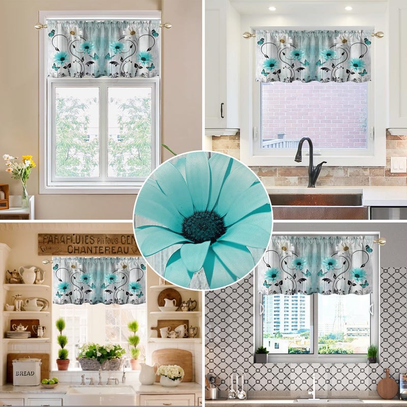 AAtter Teal Floral Kitchen Valance Curtain for Window Turquoise Aqua Flower Rustic Country White Daisy Butterfly Small Short Home Living Room Bedroom Bathroom Drape Fabric 1 Panel, 52" W x 18" L, Cute - Image 4