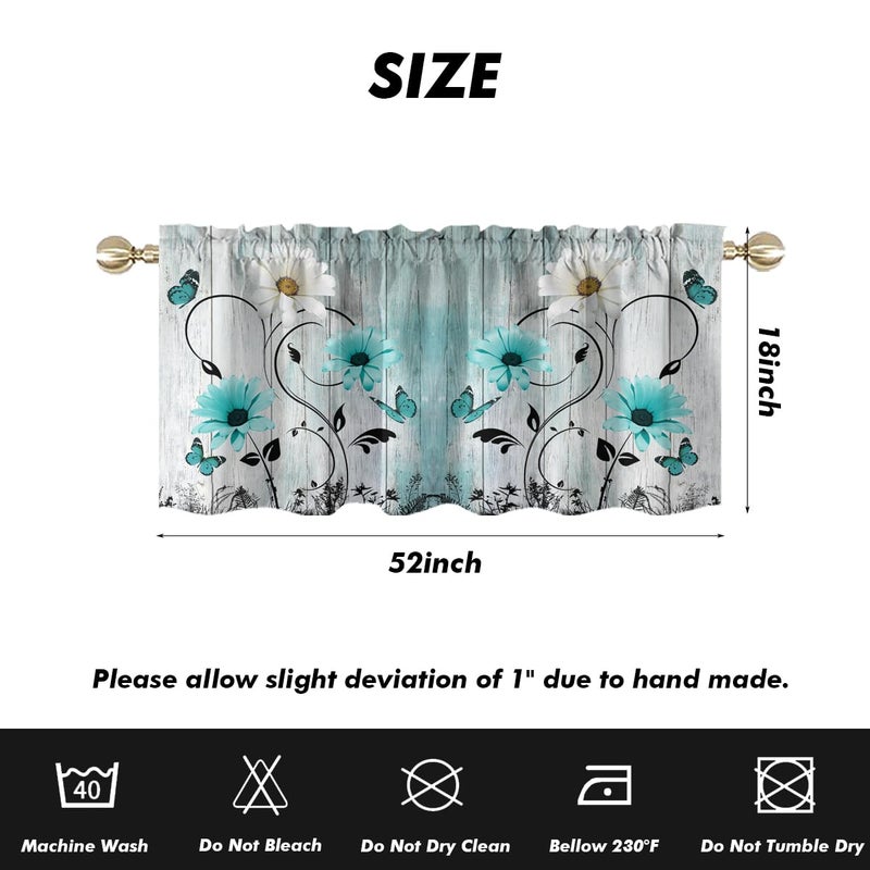 AAtter Teal Floral Kitchen Valance Curtain for Window Turquoise Aqua Flower Rustic Country White Daisy Butterfly Small Short Home Living Room Bedroom Bathroom Drape Fabric 1 Panel, 52" W x 18" L, Cute - Image 5