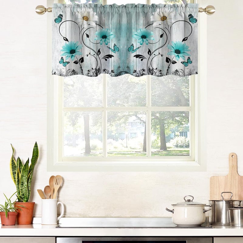 AAtter Teal Floral Kitchen Valance Curtain for Window Turquoise Aqua Flower Rustic Country White Daisy Butterfly Small Short Home Living Room Bedroom Bathroom Drape Fabric 1 Panel, 52" W x 18" L, Cute - Image 1