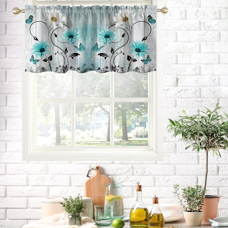 AAtter Teal Floral Kitchen Valance Curtain for Window Turquoise Aqua Flower Rustic Country White Daisy Butterfly Small Short Home Living Room Bedroom Bathroom Drape Fabric 1 Panel, 52" W x 18" L, Cute - Image 2