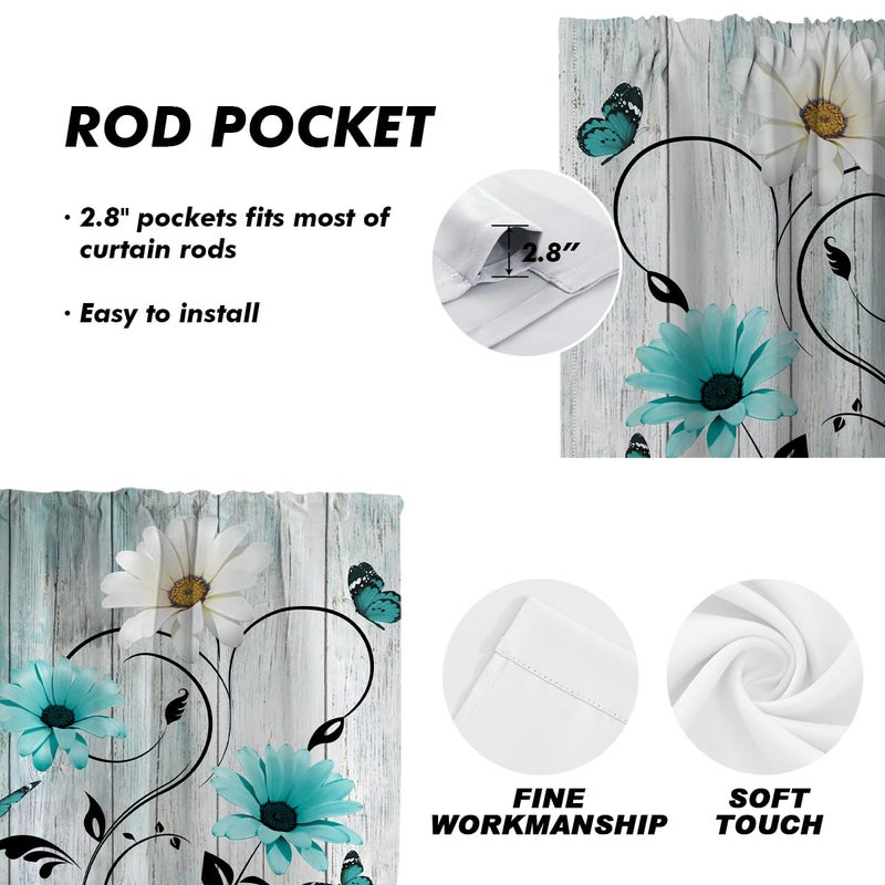 AAtter Teal Floral Kitchen Valance Curtain for Window Turquoise Aqua Flower Rustic Country White Daisy Butterfly Small Short Home Living Room Bedroom Bathroom Drape Fabric 1 Panel, 52" W x 18" L, Cute - Image 3