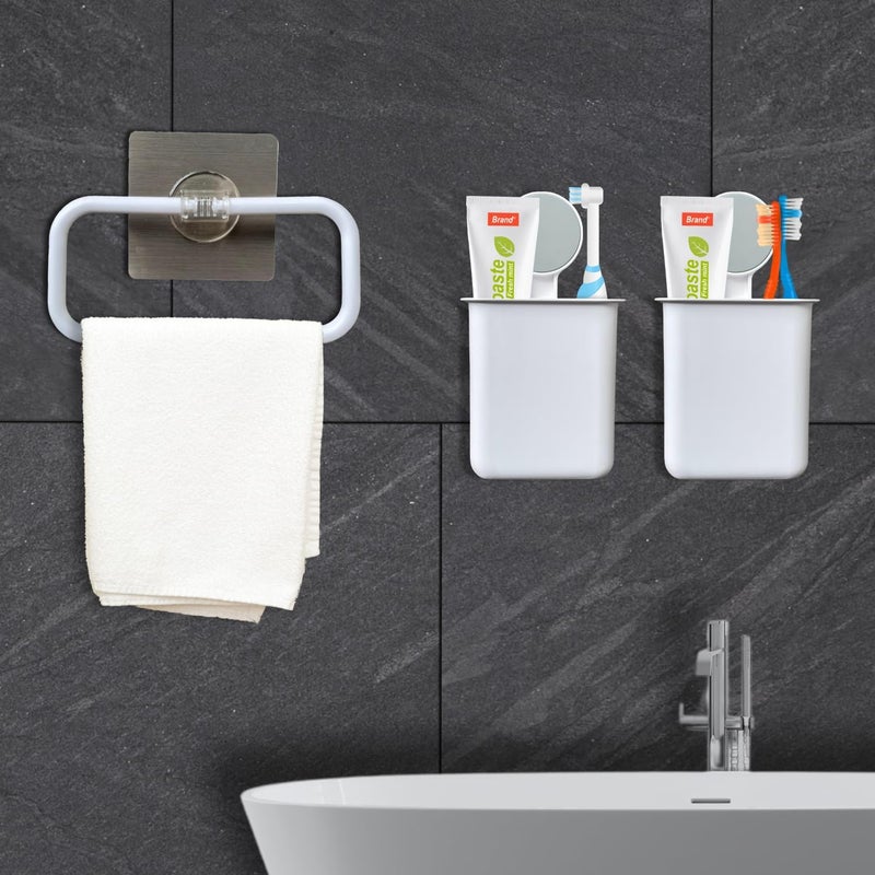 Joejoe Plastic Wall Mounted self Adhesive Toothbrush Holder with Towel Ring for Bathroom and Kitchen Durable Toothbrush Stand and Towel Hanger White Space Saving Rack for Home Decor and Storage  - Image 2