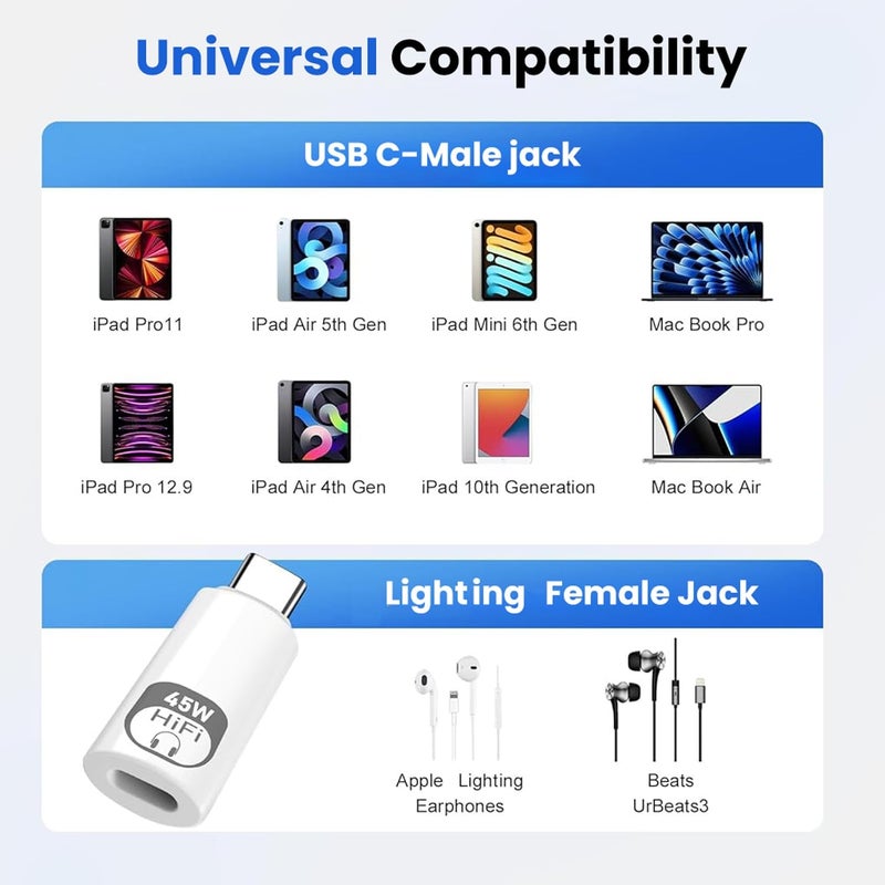 Verilux ® 2 in 1 Lighting to C Earphone Converter, PD 45W Type C Male to Lighting Female Adapter with 480Mbps High-Speed Data Transmission for iPhone 17/16/15 Series, iPad mini/Air/Pro - Image 2