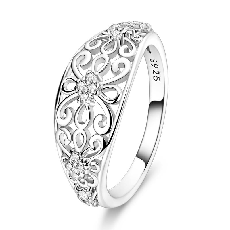 Hapour 925 Sterling Silver Ring for Women, Victorian Leaf Filigree Vintage Ring with CZ Stones Simple Statement Eternity Rings Everyday Unique Wedding Band Size 9 - Image 1