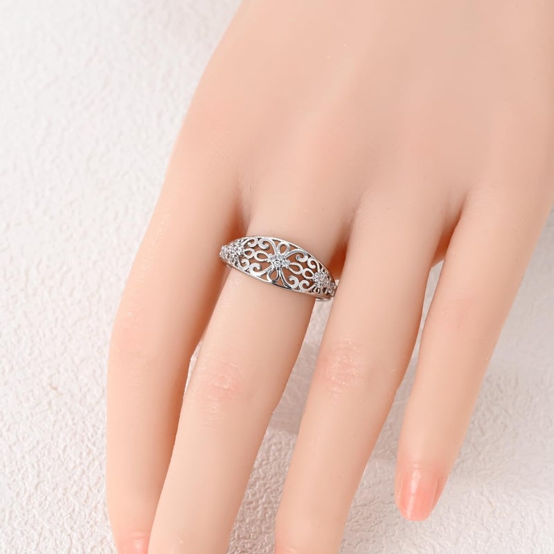 Hapour 925 Sterling Silver Ring for Women, Victorian Leaf Filigree Vintage Ring with CZ Stones Simple Statement Eternity Rings Everyday Unique Wedding Band Size 9 - Image 2