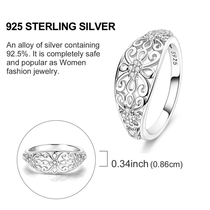 Hapour 925 Sterling Silver Ring for Women, Victorian Leaf Filigree Vintage Ring with CZ Stones Simple Statement Eternity Rings Everyday Unique Wedding Band Size 9 - Image 4