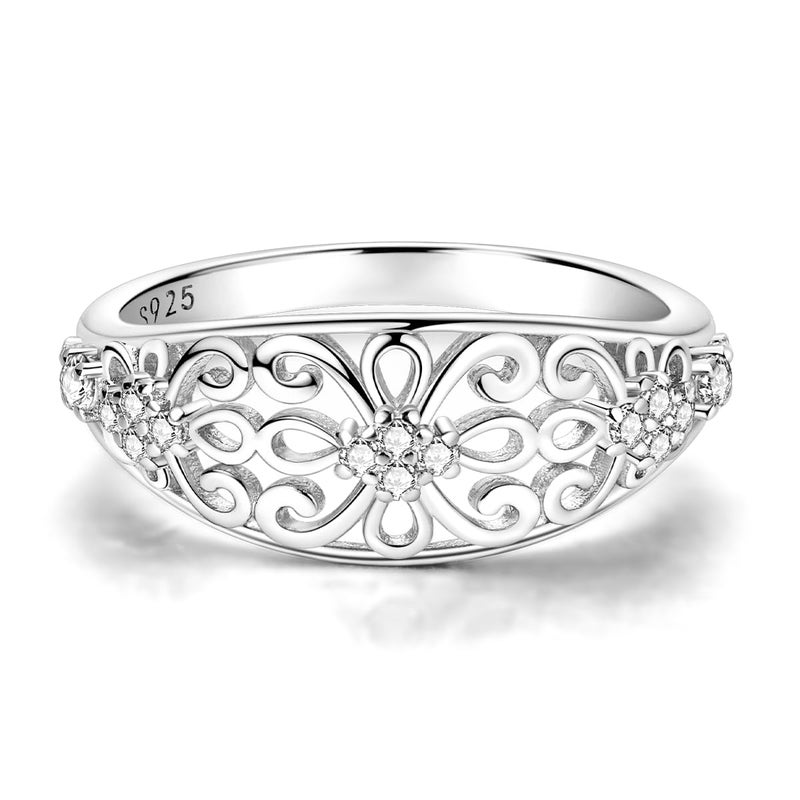 Hapour 925 Sterling Silver Ring for Women, Victorian Leaf Filigree Vintage Ring with CZ Stones Simple Statement Eternity Rings Everyday Unique Wedding Band Size 9 - Image 5