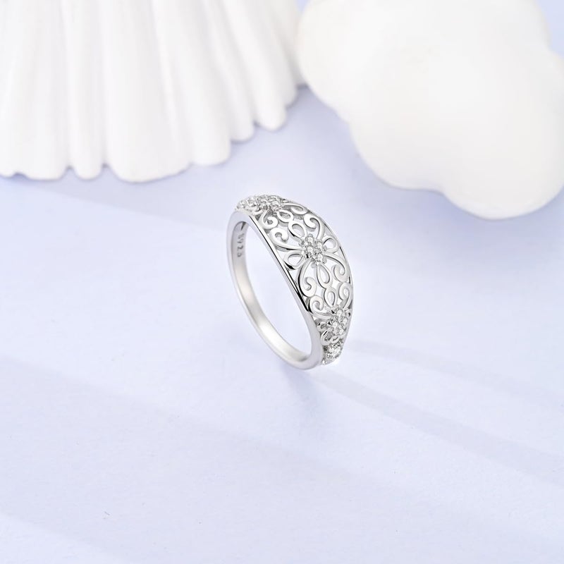 Hapour 925 Sterling Silver Ring for Women, Victorian Leaf Filigree Vintage Ring with CZ Stones Simple Statement Eternity Rings Everyday Unique Wedding Band Size 9 - Image 3