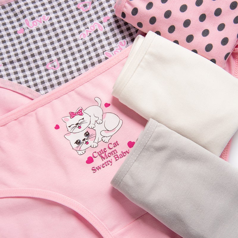 Happyfox Cotton Young Girl's Panties Set of 5 Pack Lycra Pink-gray Printed Cat  - Image 1