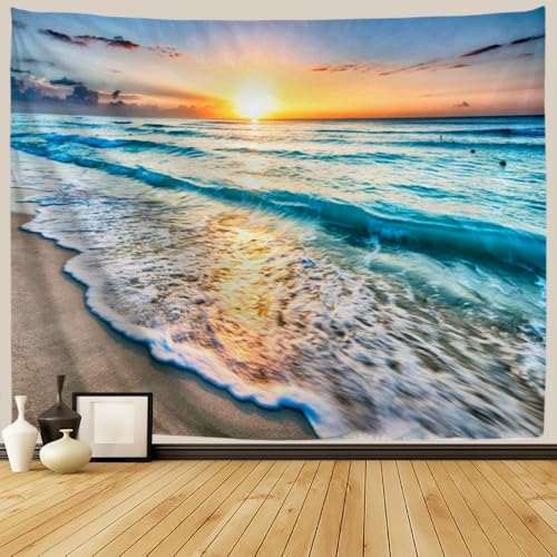 IcosaMro Beach Tapestry Wall Hanging, Ocean Sunset Sea Beach Wave Landscape Scenery Nature Wall Decorations Bohemian Home Decor for Bedroom, Dorm, College, Living Room, 60x82.7 Inches, Blue - Image 1