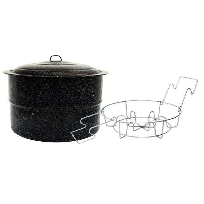WATER BATH CANNER WITH COLLAPSIBLE JAR RACK 33 QUARTS DURABLE ENAMEL STEEL POT FOR EFFICIENT CANNING COOKING NONSTICK SURFACE SAFE FOR GAS ELECTRIC STOVETOPS SPECKLED BLACK