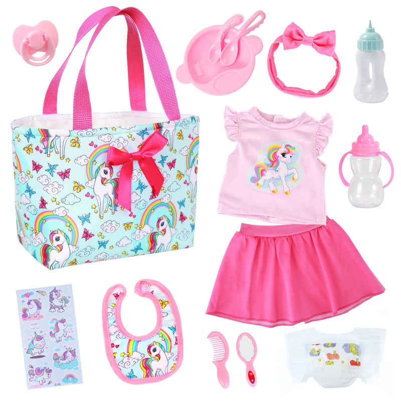 Ecore Fun 15 Pcs Baby Doll Diaper Bag with Clothes and AccessoriesDoll Alive Feeding and Caring Set for 1618 Inch DollsInclude 16 inch Girl Doll ClothesBottles PacifierBibDiaper - Image 3