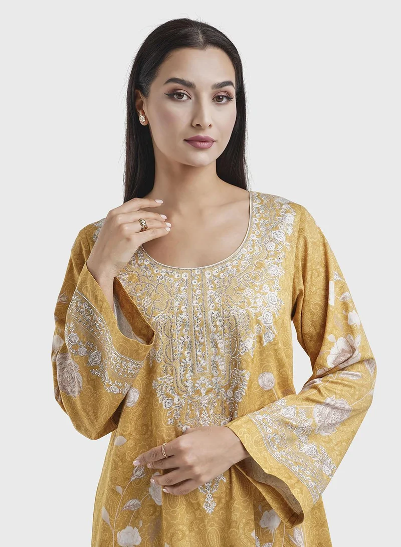 كشخة Mustard Cotton Satin Floral Print Jalabiya with Stonework (VDM884)
