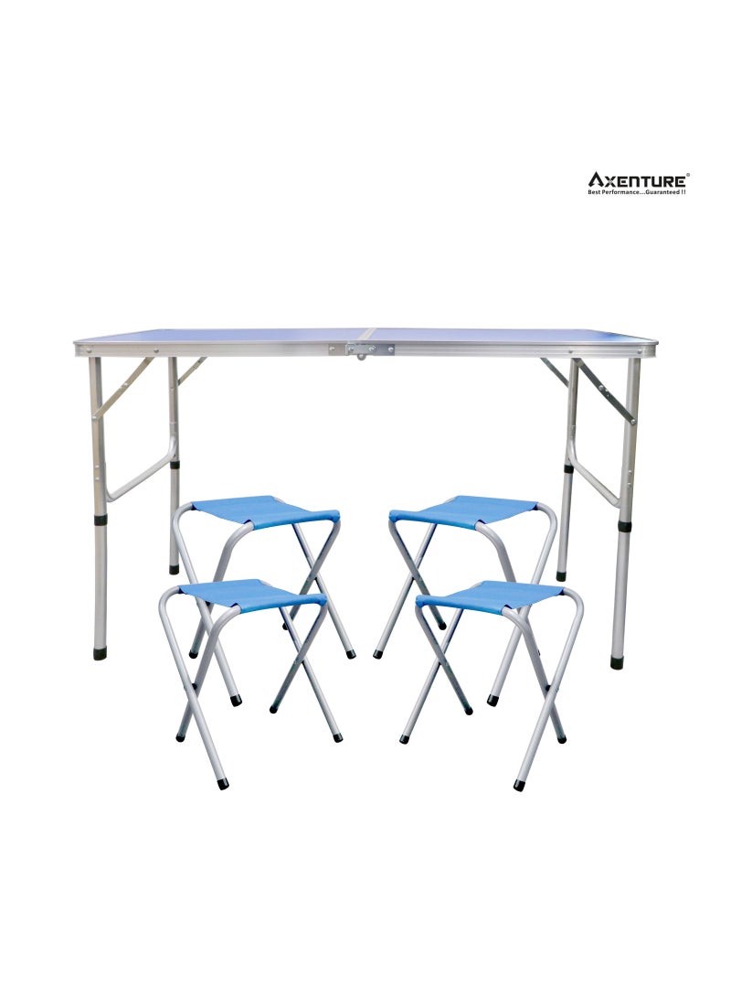 أكسنتشر طاولة تخييم قابلة للطي ، ارتفاع قابل للتعديل مع 4 مقاعد ، طاولة نزهة قابلة للطي للداخل والخارج ، طاولة تخييم محمولة زرقاء 1 قطعة (120 × 60 سم ارتفاع 70 سم) - Image 1