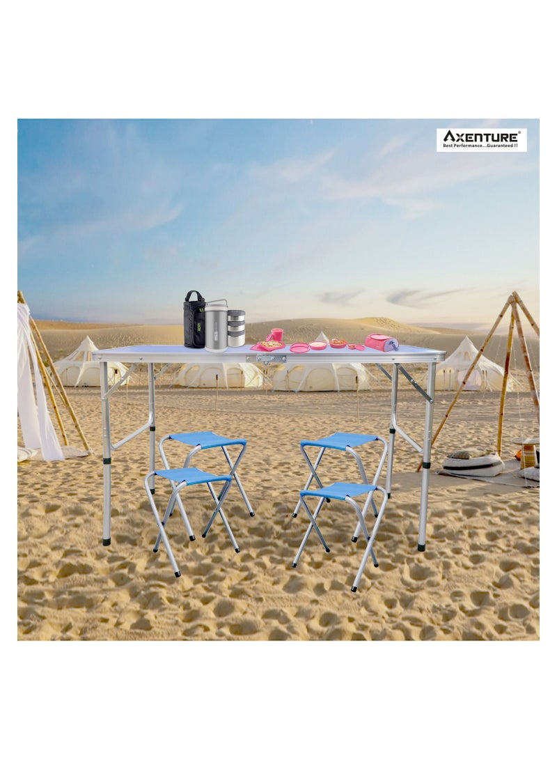أكسنتشر طاولة تخييم قابلة للطي ، ارتفاع قابل للتعديل مع 4 مقاعد ، طاولة نزهة قابلة للطي للداخل والخارج ، طاولة تخييم محمولة زرقاء 1 قطعة (120 × 60 سم ارتفاع 70 سم) - Image 2