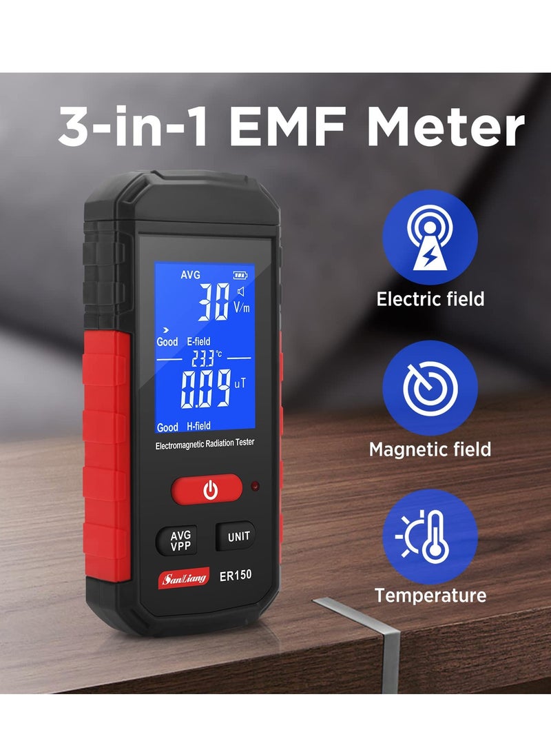 EMF Meter, Portable Digital Radiation Detector, Handheld EMF Detector for Home/Outdoor, Electric/Magnetic Field/Ghost Detector - LED Light & Sound Alarm Black (1-1999V/m, 0.01-99.99μT) - Image 3