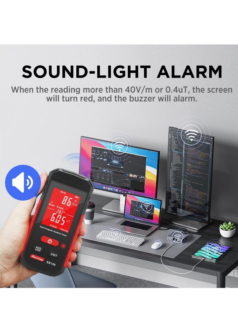 EMF Meter, Portable Digital Radiation Detector, Handheld EMF Detector for Home/Outdoor, Electric/Magnetic Field/Ghost Detector - LED Light & Sound Alarm Black (1-1999V/m, 0.01-99.99μT) - Image 2