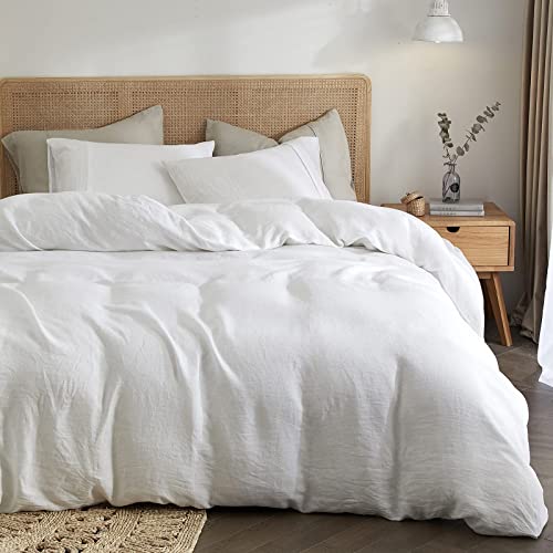 HYPREST Linen Duvet Cover King Size, 3PCS White Washed Flax Linen Bedding Duvet Covers Tuxtured Soft Breathable Cooling Comfy, Moisture-Absorbing & Durable - Image 1